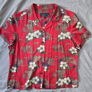 Island Traders Resort Red Floral Casual Button Down Shirt Sz Large Hawaiin